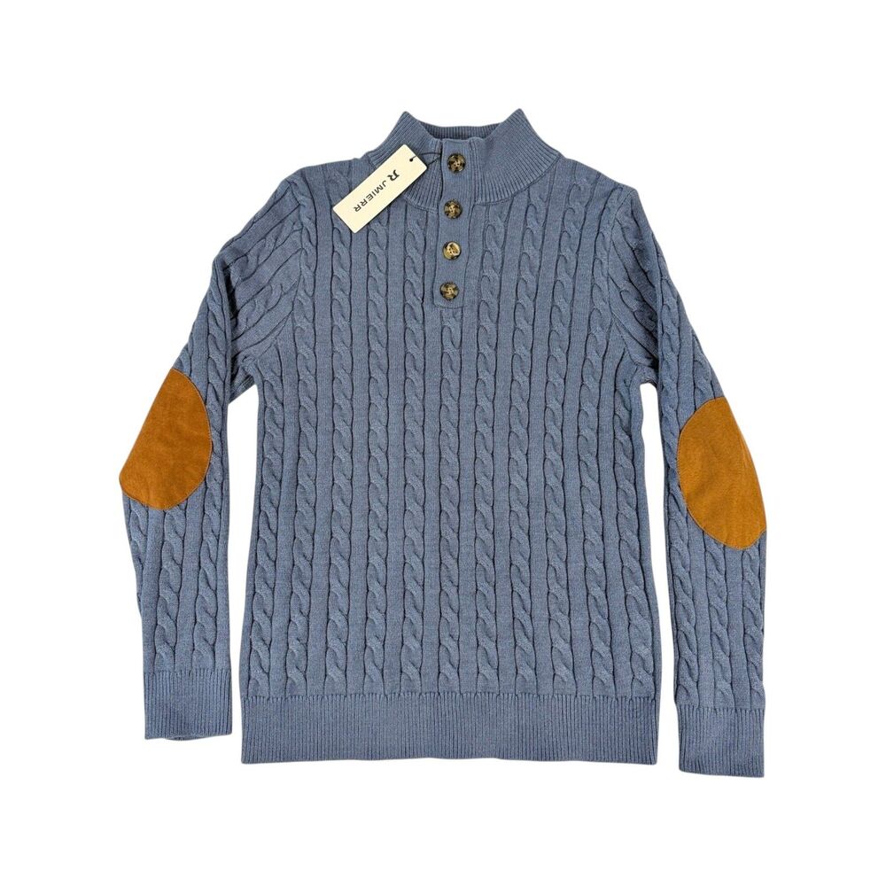 Cabincore Cable Knit Button Mock Neck Blue Sweater‎ Suede Elbow Patch Size Small